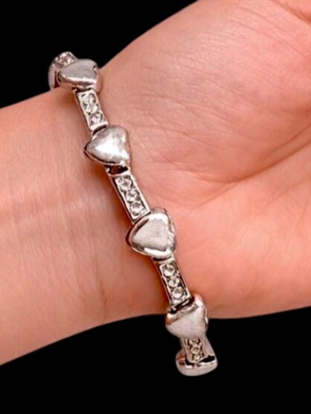 Vintage Monet Silver-Tone Rhinestone Heart Link Bracelet- NWT